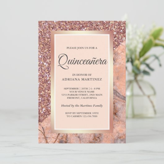 Roos Gouden Glitter Koraal Roze Marmer Quinceanera Kaart (Staand voorkant)