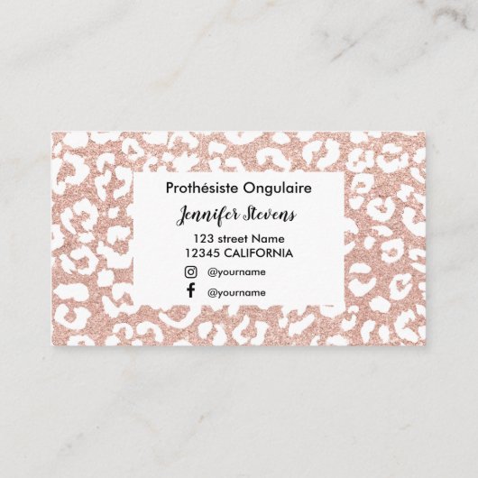 Roos gouden glitter-leopardlakken technicus visitekaartje (Achterkant)