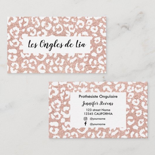 Roos gouden glitter-leopardlakken technicus visitekaartje (Voorkant / Achterkant)