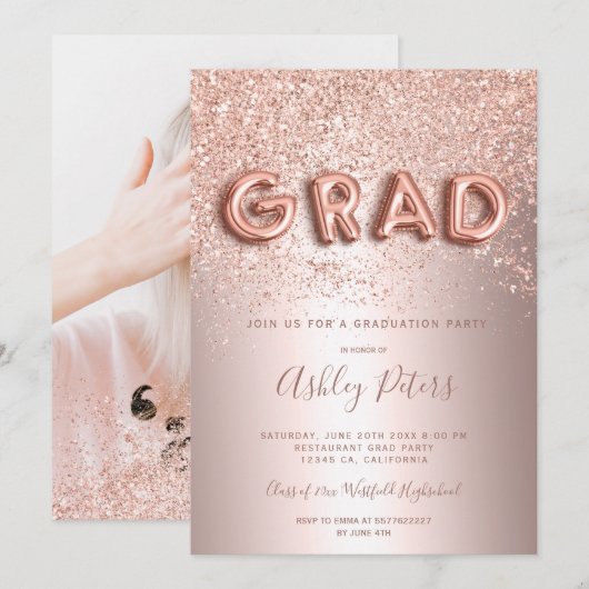 Roos Gouden glitter letters folie foto afstuderen Kaart (Voorkant / Achterkant)