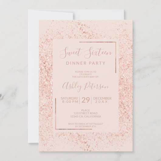 Roos gouden glitter lijst pastel blush roze zoet 1 kaart (Voorkant)