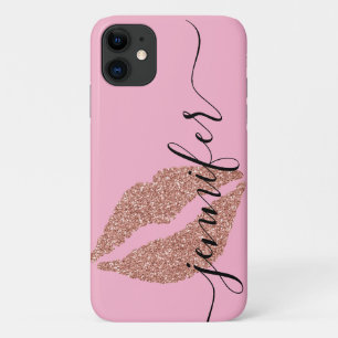 Roos gouden glitter lippen, gepersonaliseerd roze Case-Mate iPhone case