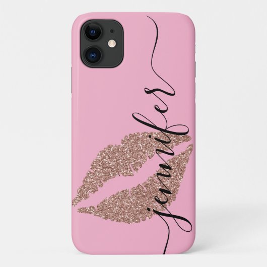 Roos gouden glitter lippen, gepersonaliseerd roze Case-Mate iPhone case (Achterkant)
