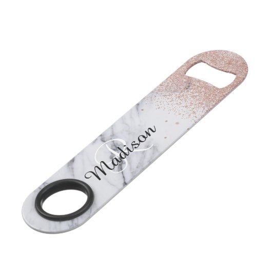 Roos Gouden Glitter Look Monogram Marmeren Fles Speed Flessenopener (Achterkant Gekanteld)