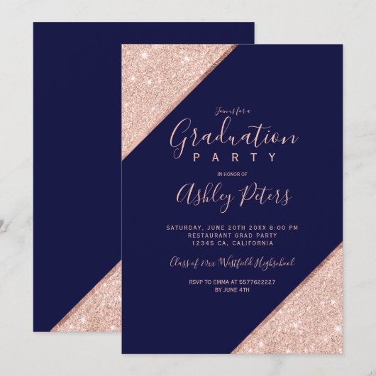 Roos gouden glitter marineblauw typografie afstude kaart (Voorkant / Achterkant)