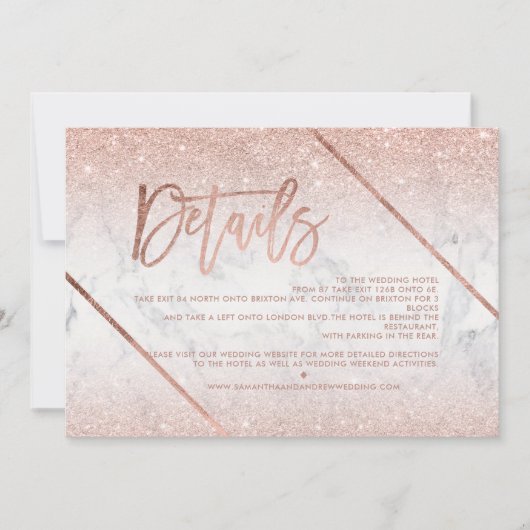 Roos gouden glitter marmer script bruiloft richtin kaart (Voorkant)