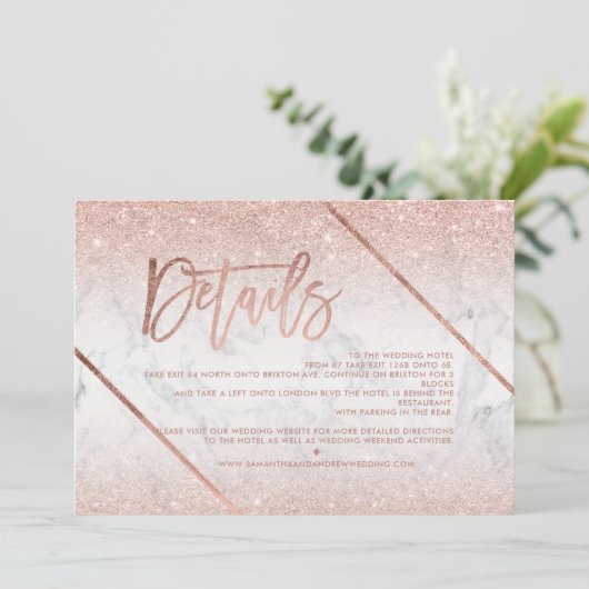 Roos gouden glitter marmer script bruiloft richtin kaart (Staand voorkant)