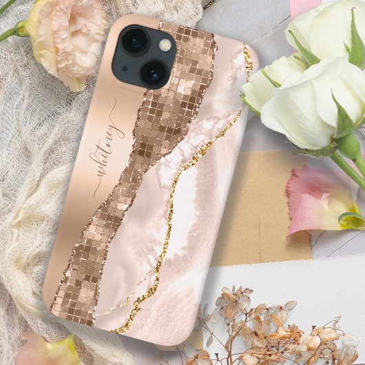 Roos Gouden Glitter Marmeren Agaat Modern Monogram Case-Mate iPhone Case