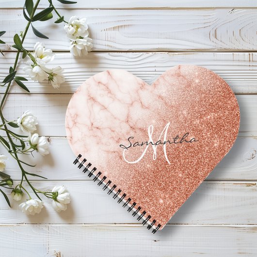 Roos Gouden Glitter Marmeren Monogram Hart Notitieboek