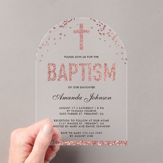 Roos Gouden Glitter Meisjes Boogdoop Acryl Uitnodigingen (Insitu (Draagbaar))