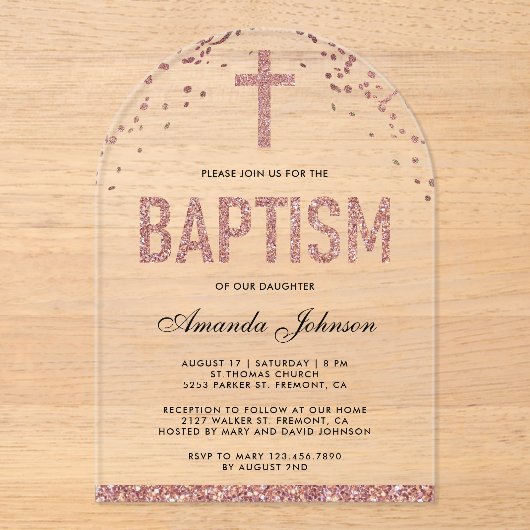 Roos Gouden Glitter Meisjes Boogdoop Acryl Uitnodigingen (Voorkant)