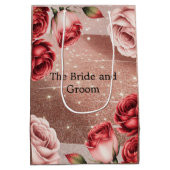 Roos Gouden Glitter Met Rode Rozen Trouwen Medium Cadeauzakje (Achterkant)