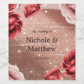 Roos Gouden Glitter Met Rode Rozen Trouwen Wijn Etiket (Enkel label)