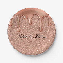 Roos Gouden Glitter & Metallic Druppels Wedding Papieren Bordje