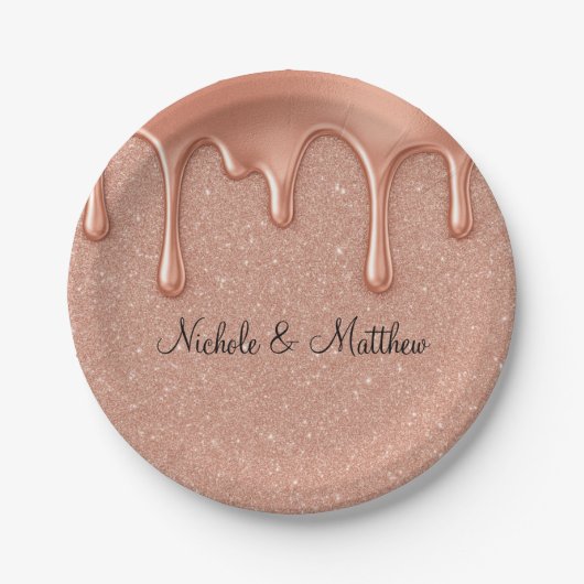 Roos Gouden Glitter & Metallic Druppels Wedding Papieren Bordje (Voorkant)