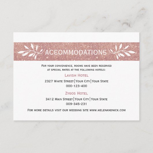 Roos gouden glitter moderne bruiloft accommodaties informatiekaartje (Voorkant)