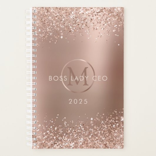 Roos Gouden Glitter Monogram Boss Lady 2025 Planner (Voorkant)