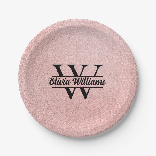 Roos gouden glitter monogram | Girly Modern Sparkl Papieren Bordje (Voorkant)