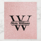 Roos gouden glitter monogram | Girly Modern Sparkl Wijn Etiket (Enkel label)