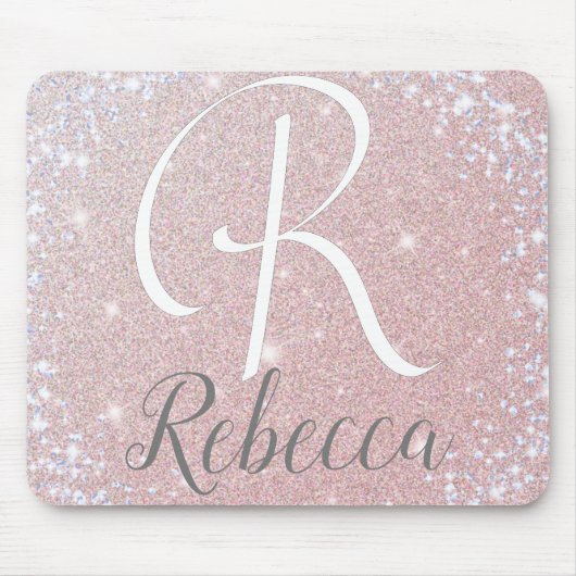 Roos Gouden Glitter Monogram Naam Muismat (Voorkant)