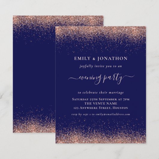 Roos Gouden Glitter Navy Avondfeest Bruiloft Kaart (Voorkant / Achterkant)