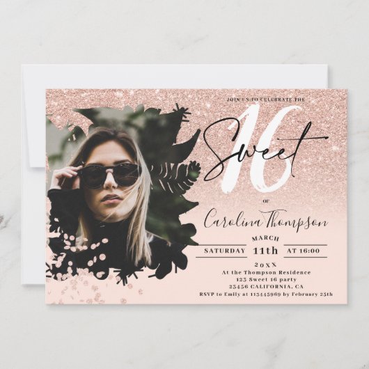 Roos gouden glitter ombre bloemenroze foto Sweet 1 Kaart (Voorkant)