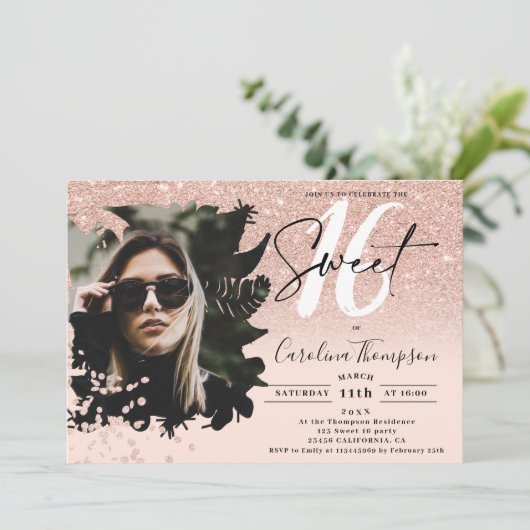 Roos gouden glitter ombre bloemenroze foto Sweet 1 Kaart (Staand voorkant)