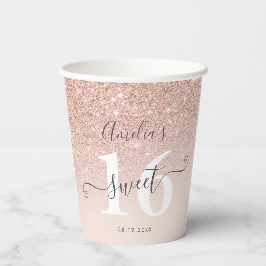 Roos gouden glitter ombre blush roze script Sweet Papieren Bekers (Achterkant)
