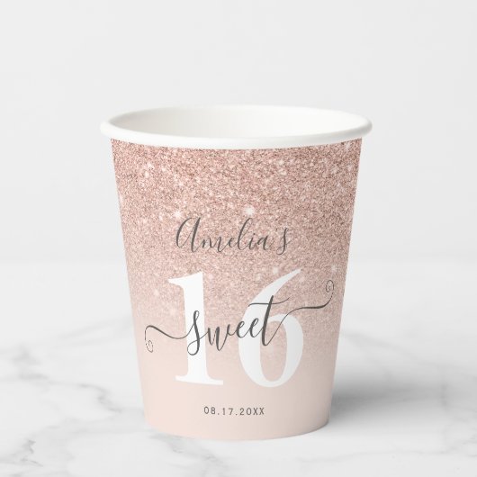 Roos gouden glitter ombre blush roze script Sweet  Papieren Bekers (Voorkant)