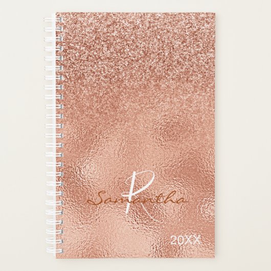Roos Gouden Glitter Ombre Folie Jaarlijks Monogram Planner (Voorkant)