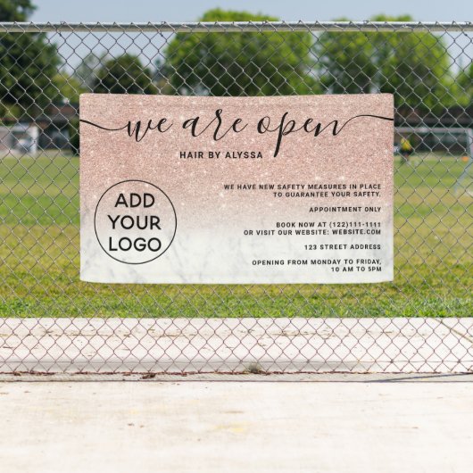 Roos gouden glitter ombre logo marmer We zijn open Spandoek (Insitu)