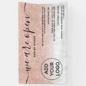 Roos gouden glitter ombre logo marmer We zijn open Spandoek (Verticaal)