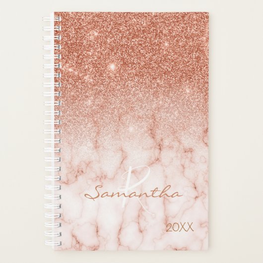 Roos Gouden Glitter Ombre Marmer Jaarlijks Monogra Planner (Voorkant)