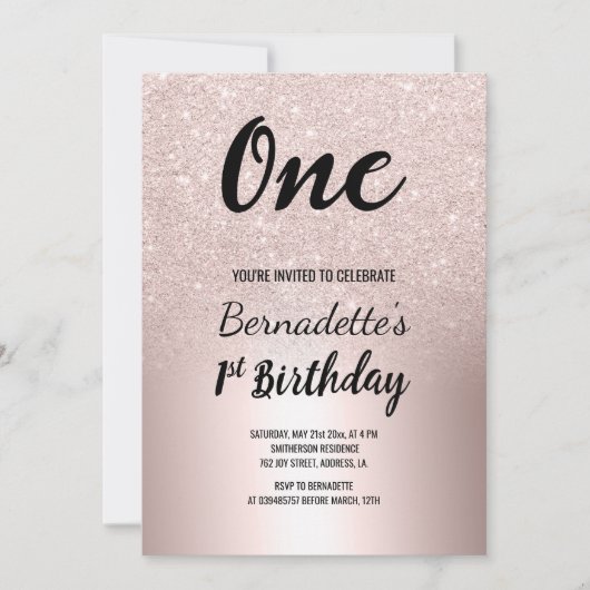 Roos gouden glitter ombre metallic eerste verjaard kaart (Voorkant)