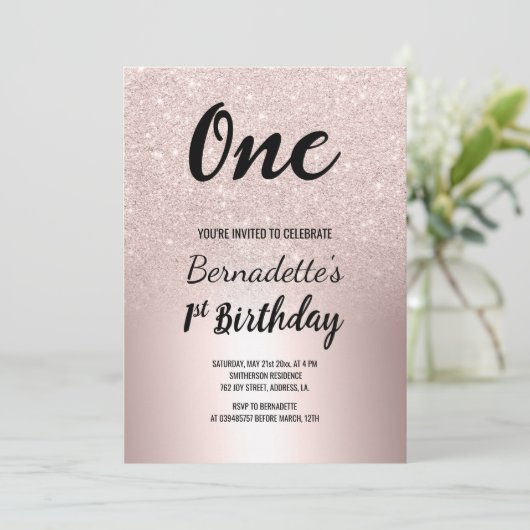 Roos gouden glitter ombre metallic eerste verjaard kaart (Staand voorkant)