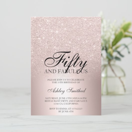 Roos gouden glitter ombre metallic fifty fabulous kaart (Staand voorkant)