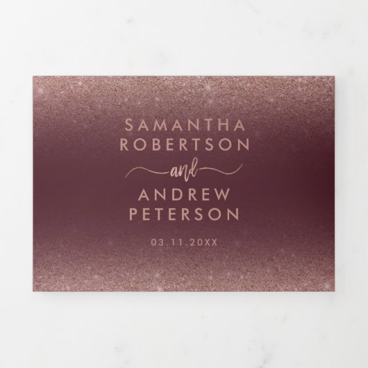 Roos gouden glitter ombre rode bordeaux bruiloft drieluik uitnodiging (Cover)