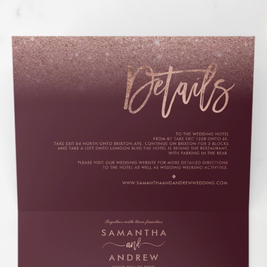 Roos gouden glitter ombre rode bordeaux bruiloft drieluik uitnodiging (Binnenzijde eerst)