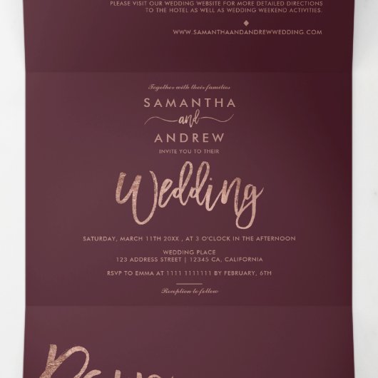 Roos gouden glitter ombre rode bordeaux bruiloft drieluik uitnodiging (Binnenkant midden)