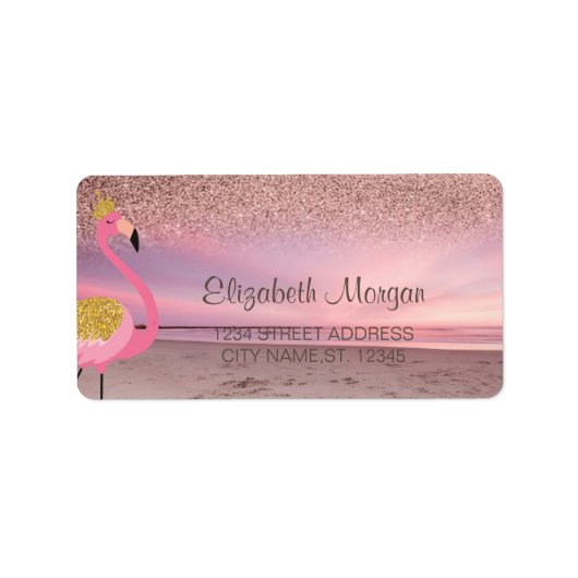 Roos gouden glitter ombre roze flamingo strand etiket (Voorkant)