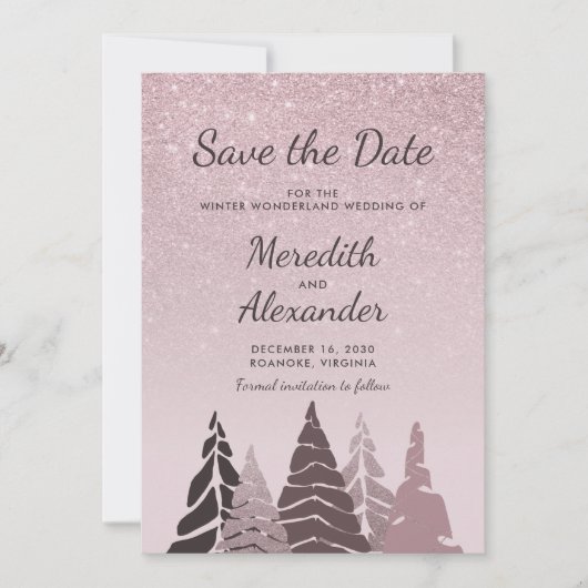 Roos gouden glitter ombre wintervakantie bruiloft save the date (Voorkant)