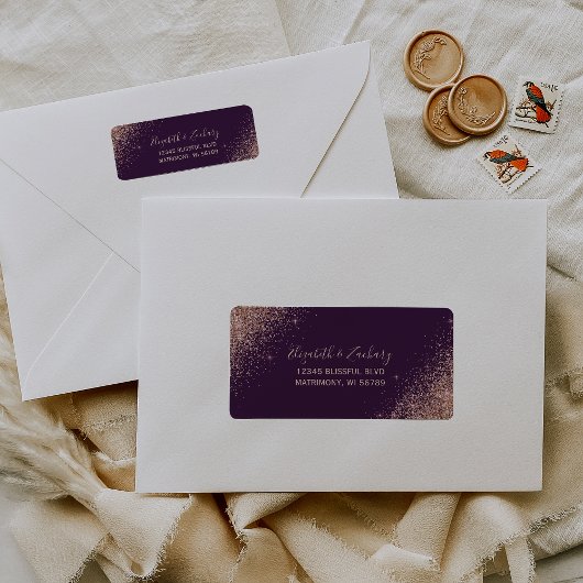 Roos gouden glitter Paarse bruiloft retour adres Etiket