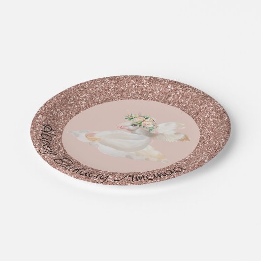 Roos Gouden Glitter Pegasus Eenhoorn Verjaardagsfe Papieren Bordje (Gekanteld)