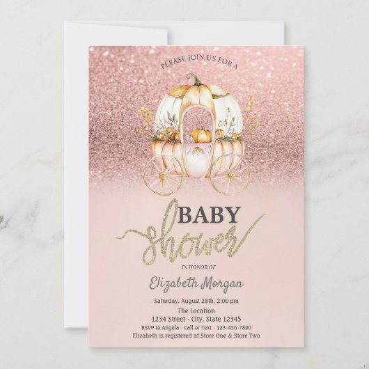 Roos Gouden Glitter Pompoen Carriage Baby shower Kaart (Voorkant)