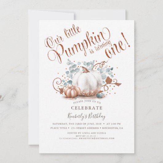 Roos Gouden Glitter Pompoen Herfst 1e Verjaardag Kaart (Voorkant)