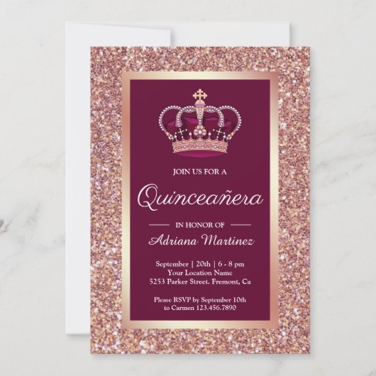 Roos Gouden Glitter Prinses Kroon Roze Quinceanera Kaart (Voorkant)