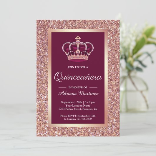 Roos Gouden Glitter Prinses Kroon Roze Quinceanera Kaart (Staand voorkant)