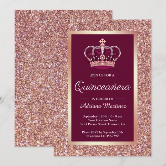 Roos Gouden Glitter Prinses Kroon Roze Quinceanera Kaart (Voorkant / Achterkant)