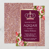 Roos Gouden Glitter Prinses Roze Bloemen Aqiqah Kaart (Voorkant / Achterkant)