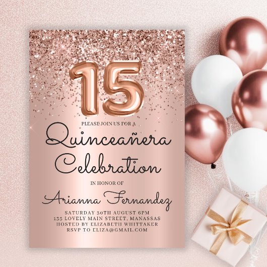 Roos Gouden Glitter Quinceañera 15e Verjaardag Kaart